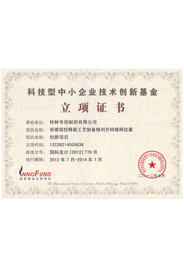 雙控緩釋膠囊立項(xiàng)證書